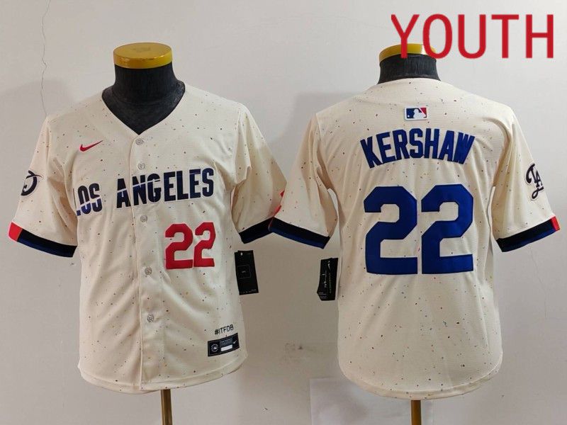 Youth Los Angeles Dodgers 22 Kershaw Cream Fashion Nike Game MLB Jersey style 7012
